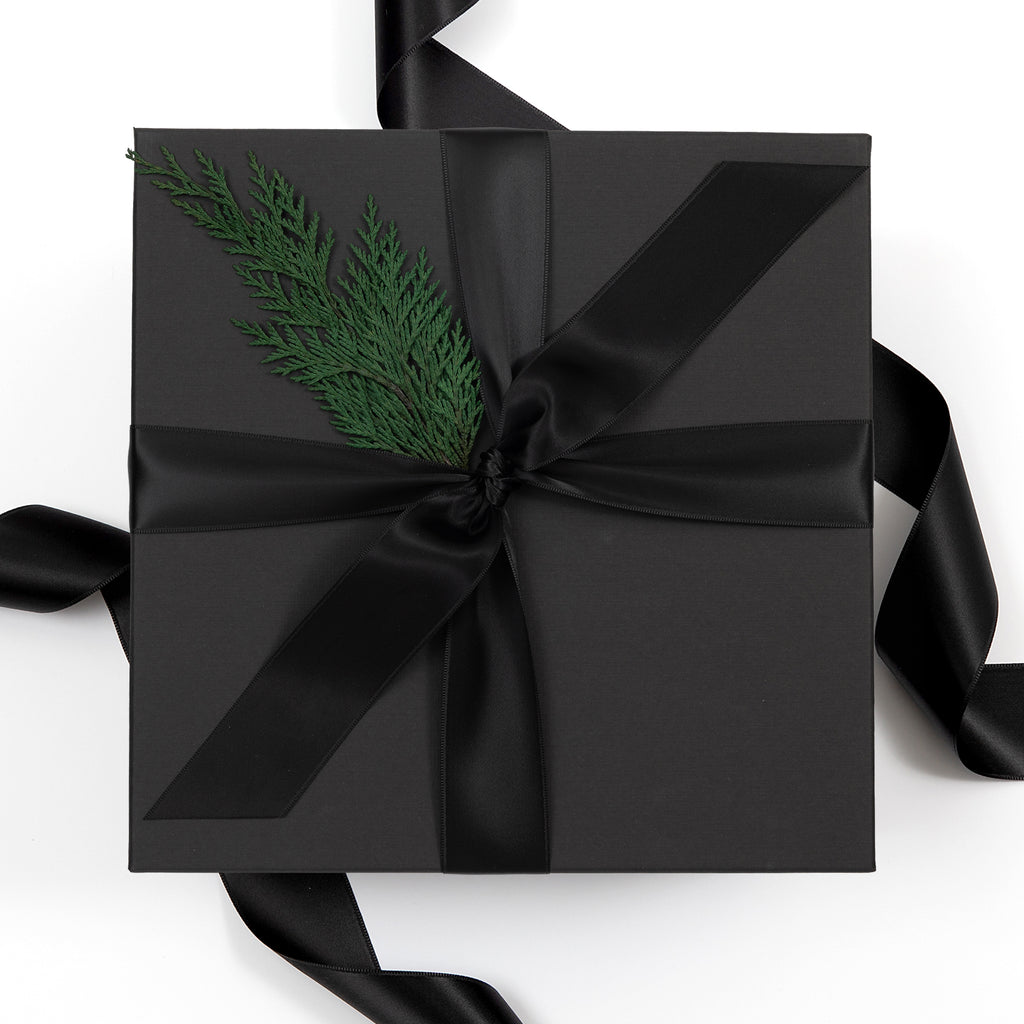 Black Gift Box with Black Ribbon and Cedar