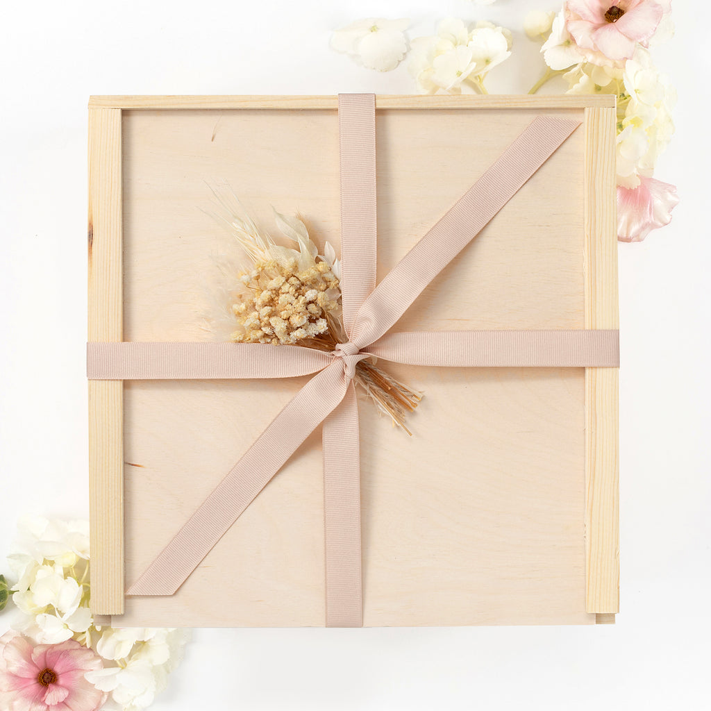 Wood Gift Box with Blush Grosgrain 